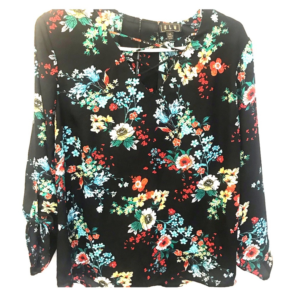 Black floral polyester blouse